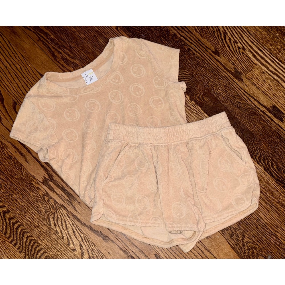 OFFLINE by Aerie Lounge Set Small Peach Smiley Face Terry Cloth Cozy Casual PJS